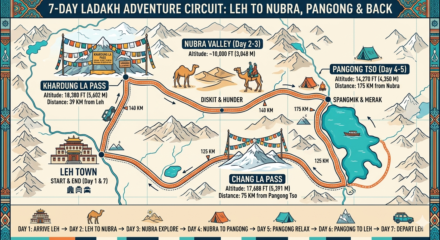 Ladakh Trip Cost from Mumbai 2026 | 7 Days @ ₹26,000 Per Person 13 Ladakh trip cost from Mumbai - 7-day Leh Nubra Pangong circuit route map with altitudes