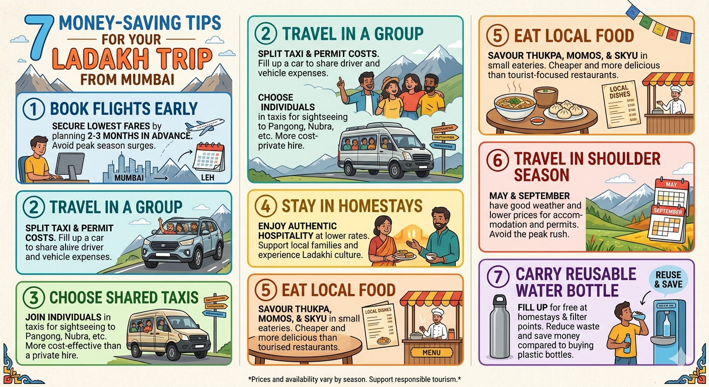 Ladakh Trip Cost from Mumbai 2026 | 7 Days @ ₹26,000 Per Person 15 Ladakh trip cost from Mumbai - 7 money saving tips infographic