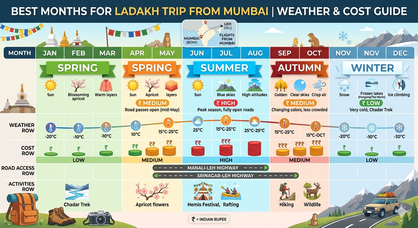 Ladakh Trip Cost from Mumbai 2026 | 7 Days @ ₹26,000 Per Person 16 Ladakh trip cost from Mumbai - best time to visit seasonal calendar with cost and weather indicators