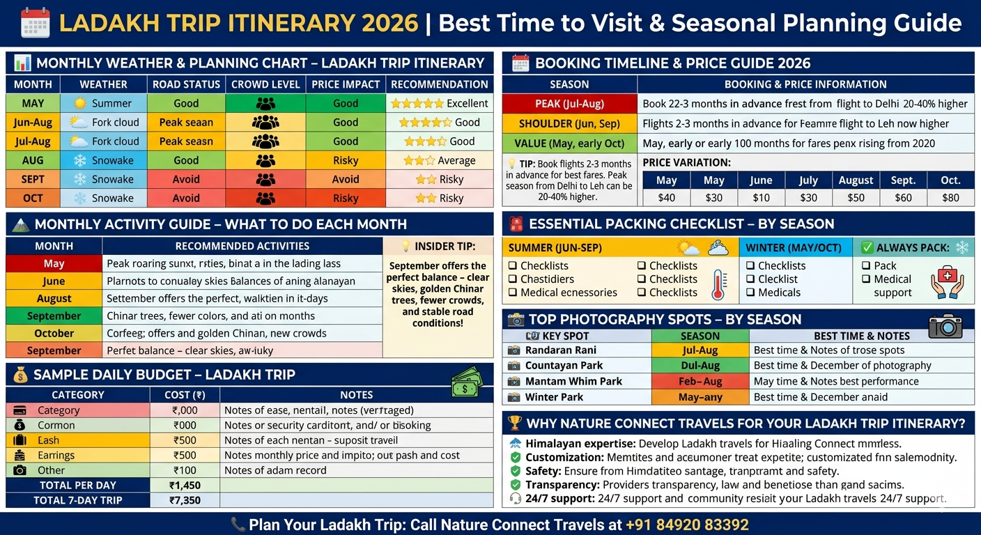 Ladakh trip itinerary 2026 seasonal planning guide - monthly weather chart May-October, best time June-September, September recommended, booking timeline, packing checklist by season, daily budget ₹6,100-10,800, photography spots by time of day

