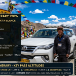 Ladakh trip itinerary 2026 - white SUV at Khardung La 18,380 ft with driver, 5-day ₹15,000-25,000, 7-day ₹18,000-35,000, 10-day ₹35,000-55,000, 14-day ₹65,000-1,00,000+, pass altitudes Khardung La 18,380 ft, Chang La 17,688 ft