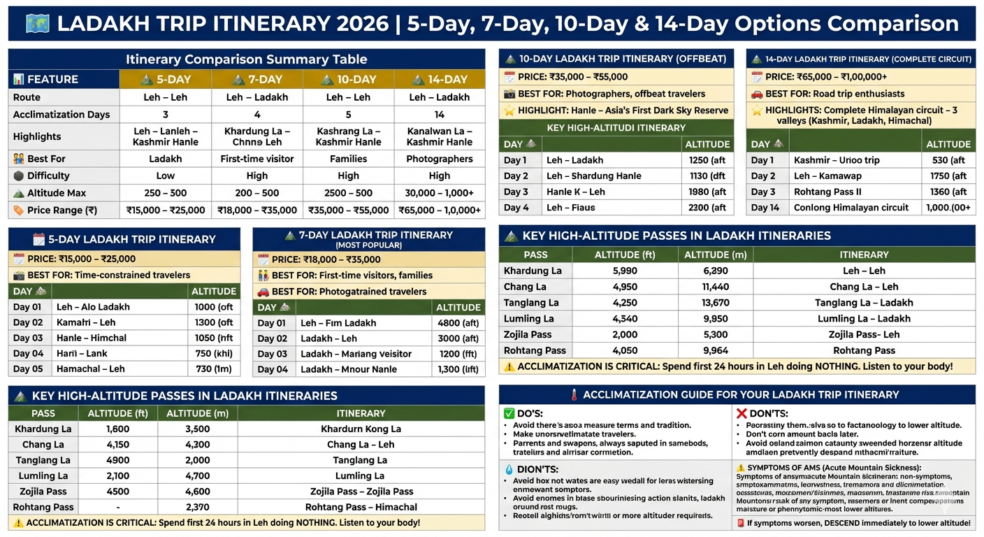 Ladakh trip itinerary comparison 2026 - 5-day ₹15,000-25,000, 7-day ₹18,000-35,000, 10-day ₹35,000-55,000, 14-day ₹65,000-1,00,000+, day-by-day breakdowns, pass altitudes Khardung La 18,380 ft, Chang La 17,688 ft, Tanglang La 17,480 ft, Lumling La 19,024 ft, acclimatization guide

