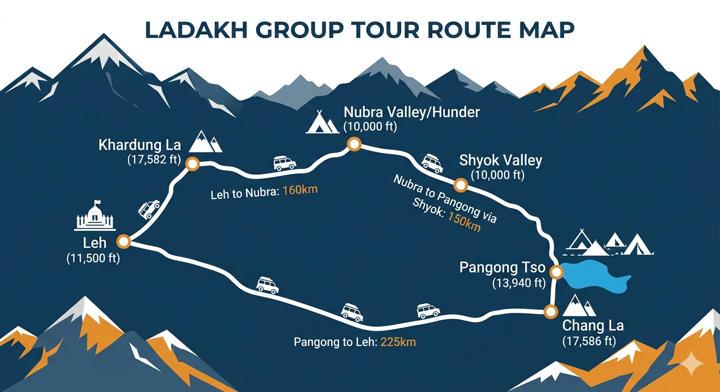 Ladakh trip itinerary route map - Leh to Nubra to Pangong circuit with distances and altitudes