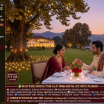 Lalit Srinagar palace hotel package 2026 - candlelight dinner at Chinar Garden under ancient Chinar tree, couple in wedding attire, royal palace background, Dal Lake and Zabarwan mountains at twilight, deluxe room from ₹17,750 per night, super deluxe king ₹20,000-28,000, premium suite ₹35,000-55,000, maharaja suite ₹60,000-90,000+, includes breakfast, indoor heated pool, spa, sauna, gym, golf course, tennis court, valet parking