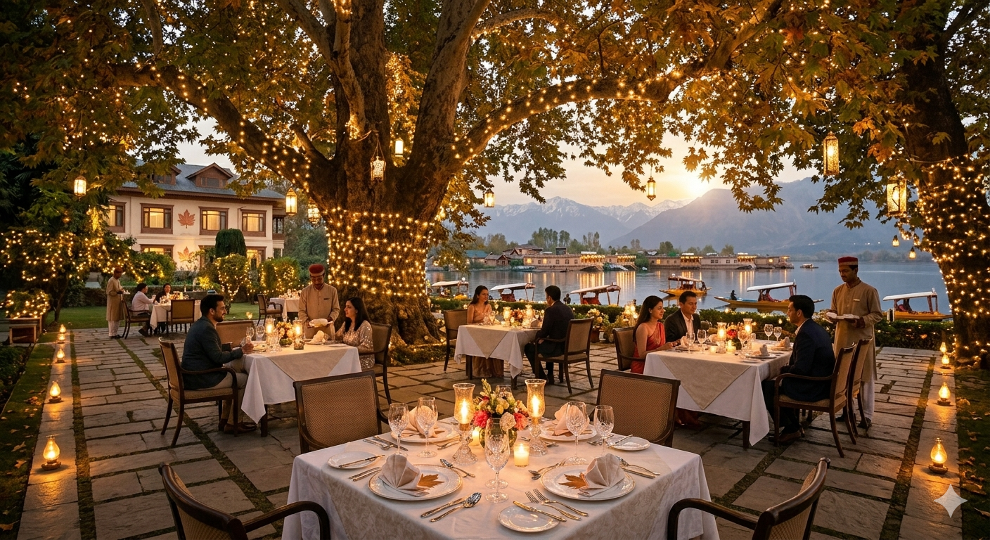 Lalit Srinagar palace hotel package - candlelight dinner at Chinar Garden under ancient trees