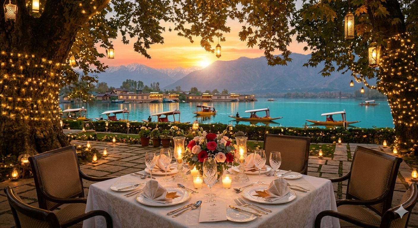 Lalit Srinagar palace hotel package - candlelight dinner setup at Chinar Garden with Dal Lake view