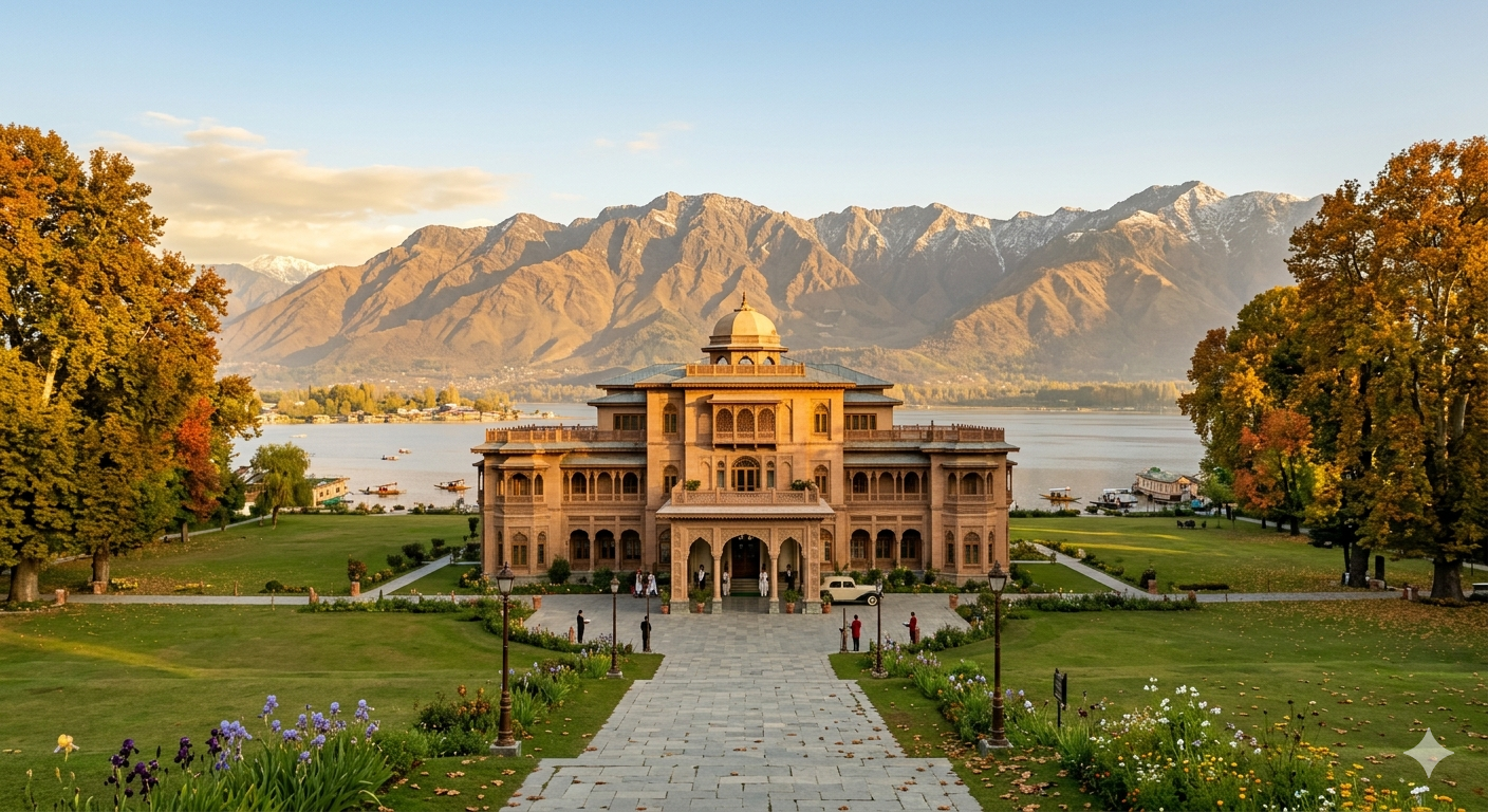 Lalit Srinagar palace hotel package - grand palace facade overlooking Dal Lake and mountains