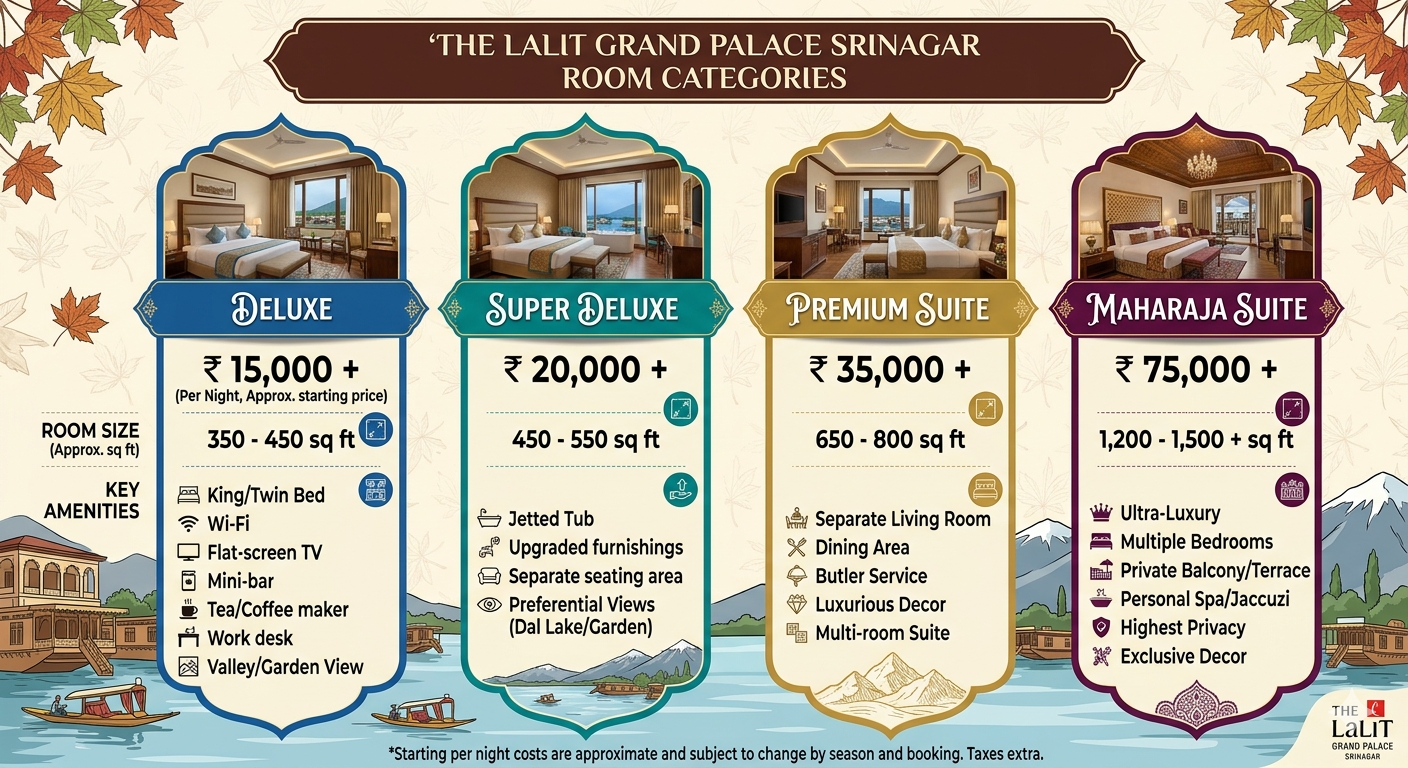 Lalit Srinagar palace hotel package - price comparison chart with room categories and per night costs