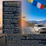 Leh Ladakh packages from Hyderabad 2026 - split image showing Hyderabad Charminar and Metro transitioning to Ladakh with 4x4 SUV at Khardung La 18380 feet, budget land package ₹30,499 for 12 days, standard IRCTC package ₹61,880-67,950 with flights, premium package ₹1,81,000, customized packages ₹35,000-65,000, 7-day itinerary Hyderabad to Leh Nubra Turtuk Pangong circuit