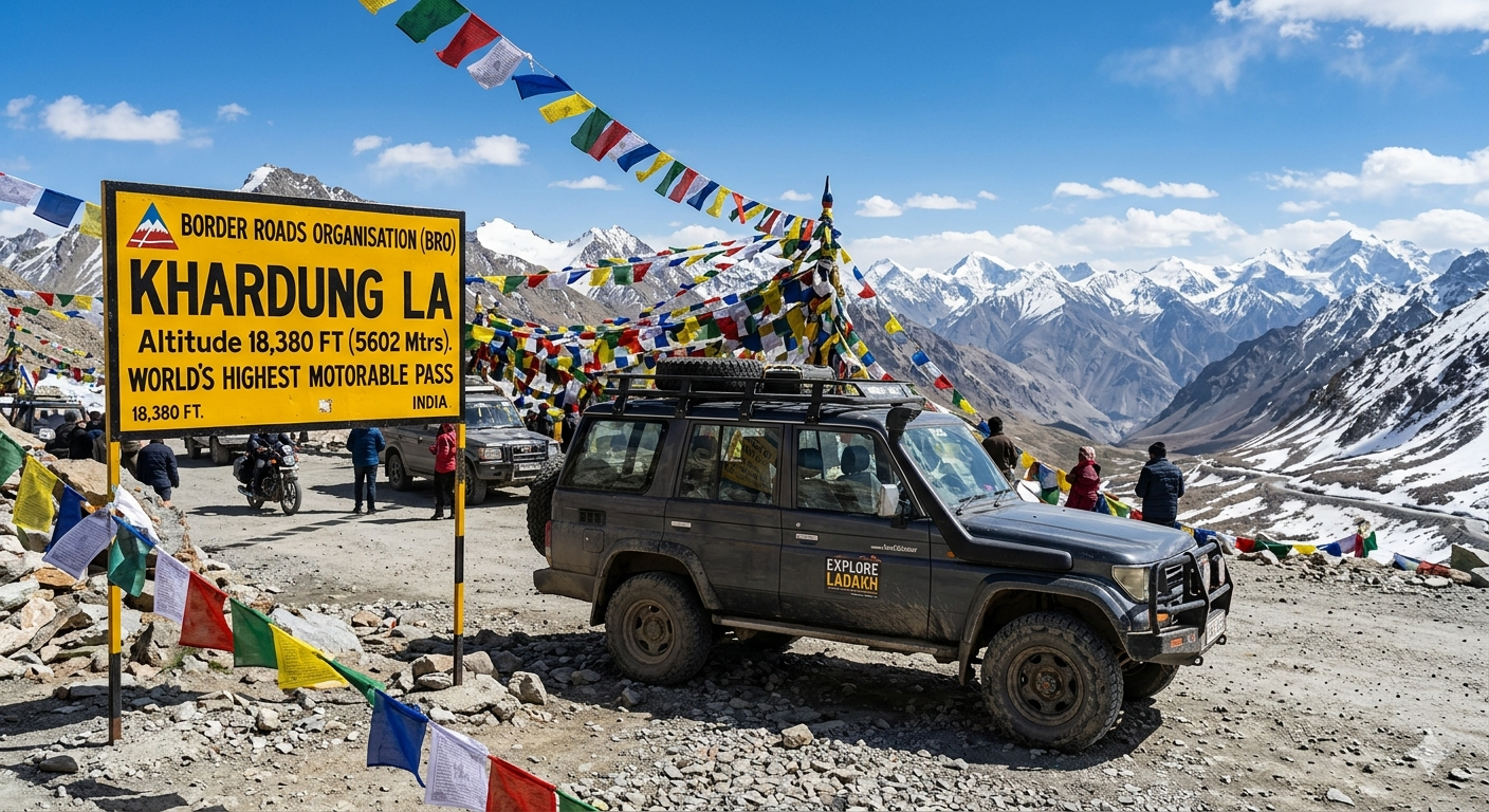 Leh Ladakh Packages from Hyderabad 2026 | 7 Days @ ₹18,000 8 Leh Ladakh packages from Hyderabad - 4x4 SUV at Khardung La highest motorable road with prayer flags