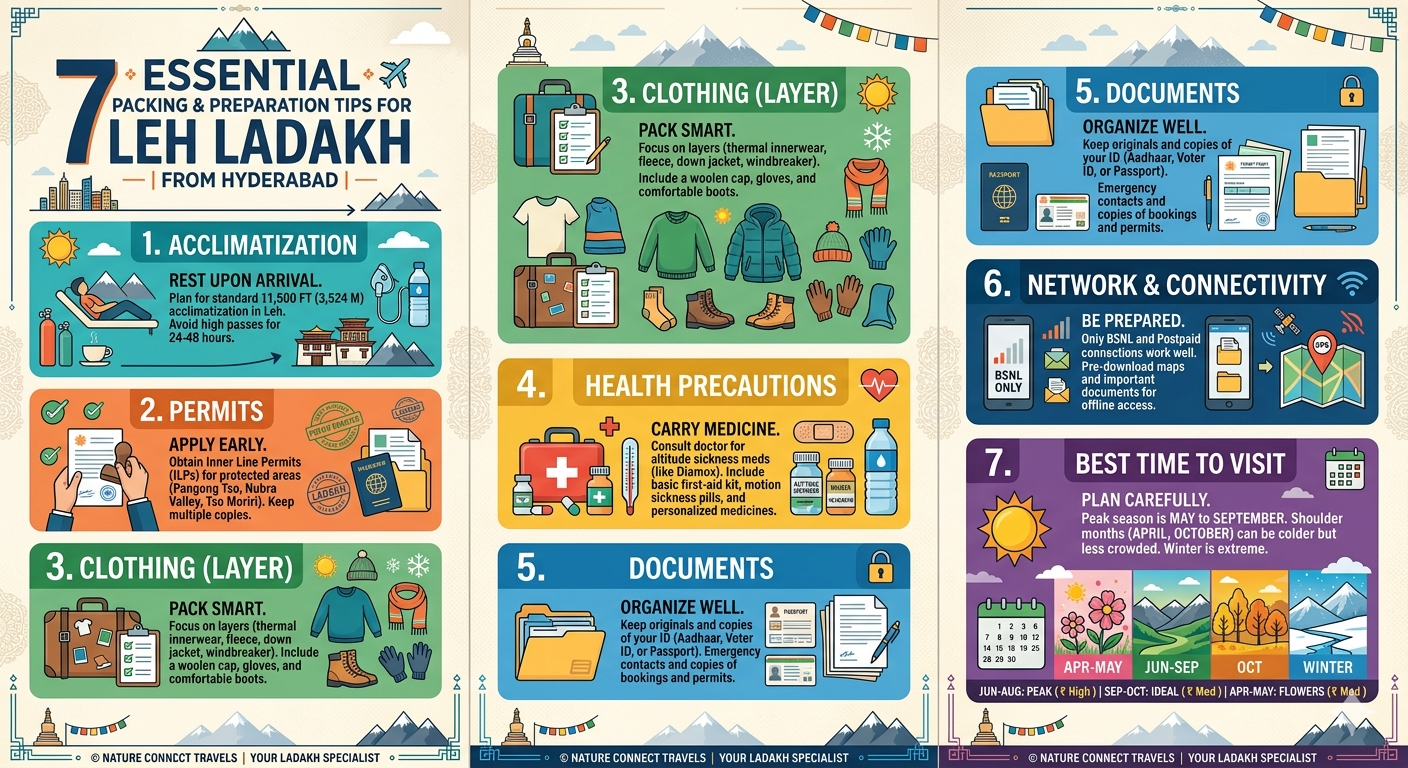Leh Ladakh Packages from Hyderabad 2026 | 7 Days @ ₹18,000 12 Leh Ladakh packages from Hyderabad - essential travel tips infographic