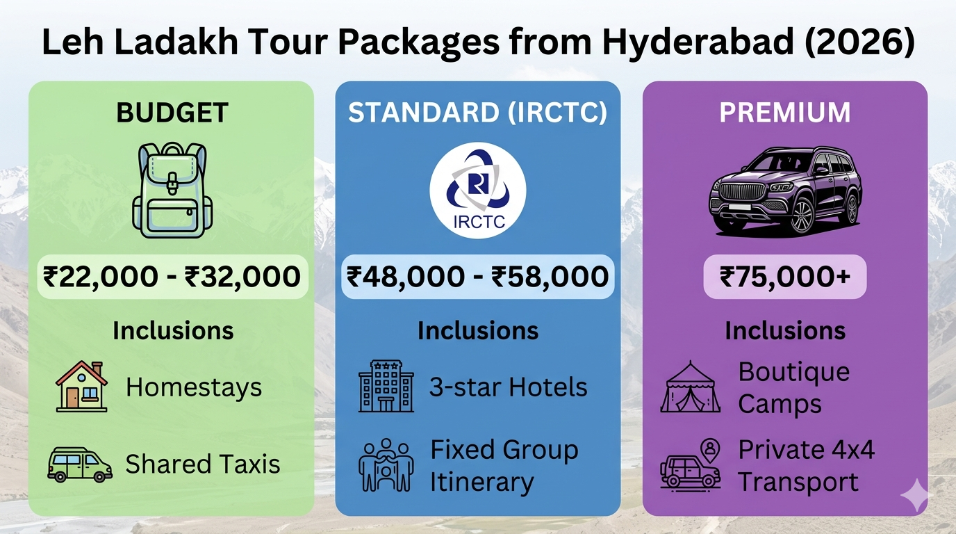 Leh Ladakh Packages from Hyderabad 2026 | 7 Days @ ₹18,000 10 Leh Ladakh packages from Hyderabad price comparison chart showing budget standard and premium options with per person costs
