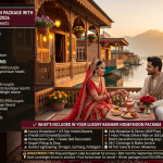 Luxury Kashmir honeymoon package with houseboat stay 2026 - couple in wedding attire on heritage houseboat at Dal Lake sunset, candlelight dinner setup, copper samovar, kahwa, red roses, premium express 5 days ₹28,499 per couple, luxury escape 6 days ₹45,998, ultimate romantic 7 days ₹59,999, with spa 8 days ₹89,999