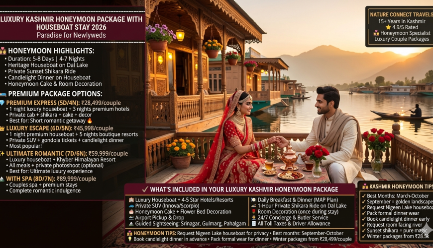 Luxury Kashmir honeymoon package with houseboat stay 2026 - couple in wedding attire on heritage houseboat at Dal Lake sunset, candlelight dinner setup, copper samovar, kahwa, red roses, premium express 5 days ₹28,499 per couple, luxury escape 6 days ₹45,998, ultimate romantic 7 days ₹59,999, with spa 8 days ₹89,999