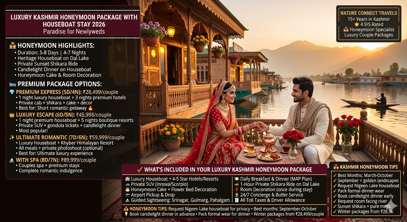 Luxury Kashmir honeymoon package with houseboat stay 2026 - couple in wedding attire on heritage houseboat at Dal Lake sunset, candlelight dinner setup, copper samovar, kahwa, red roses, premium express 5 days ₹28,499 per couple, luxury escape 6 days ₹45,998, ultimate romantic 7 days ₹59,999, with spa 8 days ₹89,999