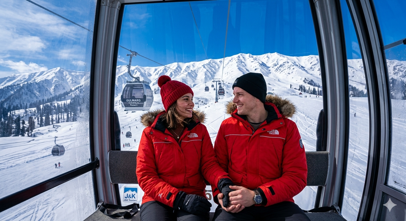 Luxury Kashmir honeymoon package with houseboat stay - couple in Gulmarg Gondola with snow-capped mountain views