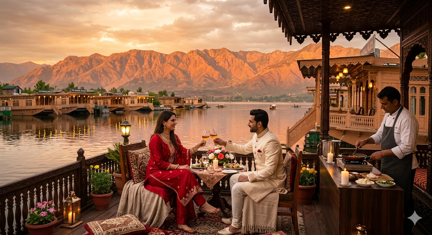 Luxury Kashmir honeymoon package with houseboat stay - couple on heritage houseboat deck at sunset with candlelight dinner