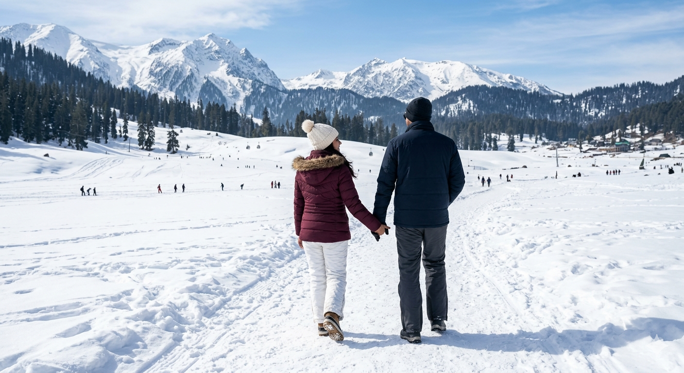 Luxury Kashmir honeymoon package with houseboat stay - couple walking hand in hand on snow-covered Gulmarg meadow in winter