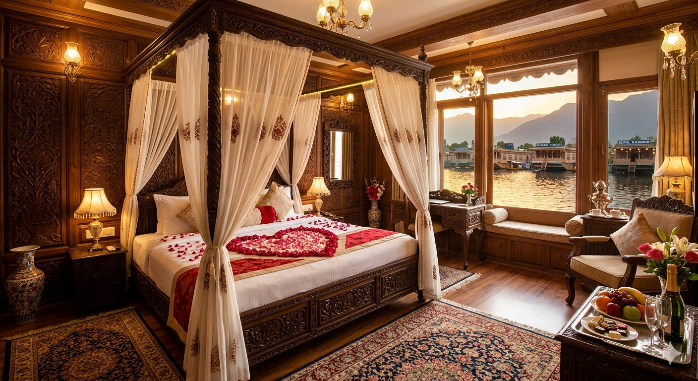 Luxury Kashmir honeymoon package with houseboat stay - heritage honeymoon suite with rose petal decoration and lake view