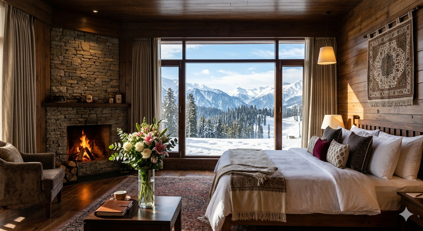 Luxury Kashmir honeymoon package with houseboat stay - luxury resort room with fireplace in Gulmarg