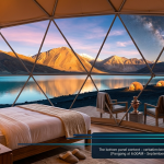 Luxury camp Pangong Lake package 2026 - geodesic dome tent at sunrise with private deck overlooking turquoise lake, snow-capped peaks, camp staff holding kahwa tray, Pangong Retreat Camp ₹10,200 per night, Namseylin Eco Geodome $404-414 USD per night, Merak Lodge custom quote, Royal Camp custom quote, stargazing, bonfire, attached bathroom, running hot water, 14,270 feet altitude