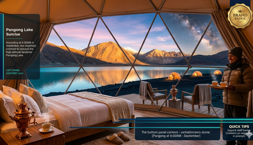 Luxury camp Pangong Lake package 2026 - geodesic dome tent at sunrise with private deck overlooking turquoise lake, snow-capped peaks, camp staff holding kahwa tray, Pangong Retreat Camp ₹10,200 per night, Namseylin Eco Geodome $404-414 USD per night, Merak Lodge custom quote, Royal Camp custom quote, stargazing, bonfire, attached bathroom, running hot water, 14,270 feet altitude