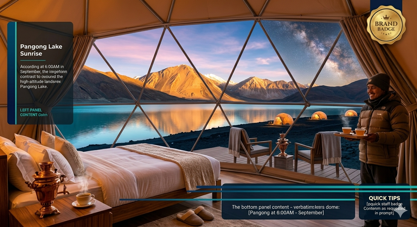 Luxury camp Pangong Lake package 2026 - geodesic dome tent at sunrise with private deck overlooking turquoise lake, snow-capped peaks, camp staff holding kahwa tray, Pangong Retreat Camp ₹10,200 per night, Namseylin Eco Geodome $404-414 USD per night, Merak Lodge custom quote, Royal Camp custom quote, stargazing, bonfire, attached bathroom, running hot water, 14,270 feet altitude