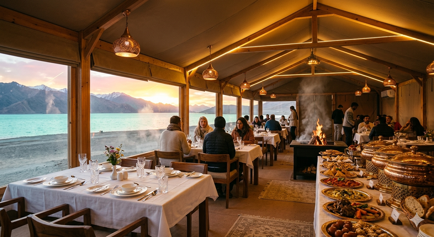 Luxury Camp Pangong Lake Package 2026 | Geodomes @ ₹10,000 12 Luxury camp Pangong Lake package - dining area with lake view and gourmet meal spread