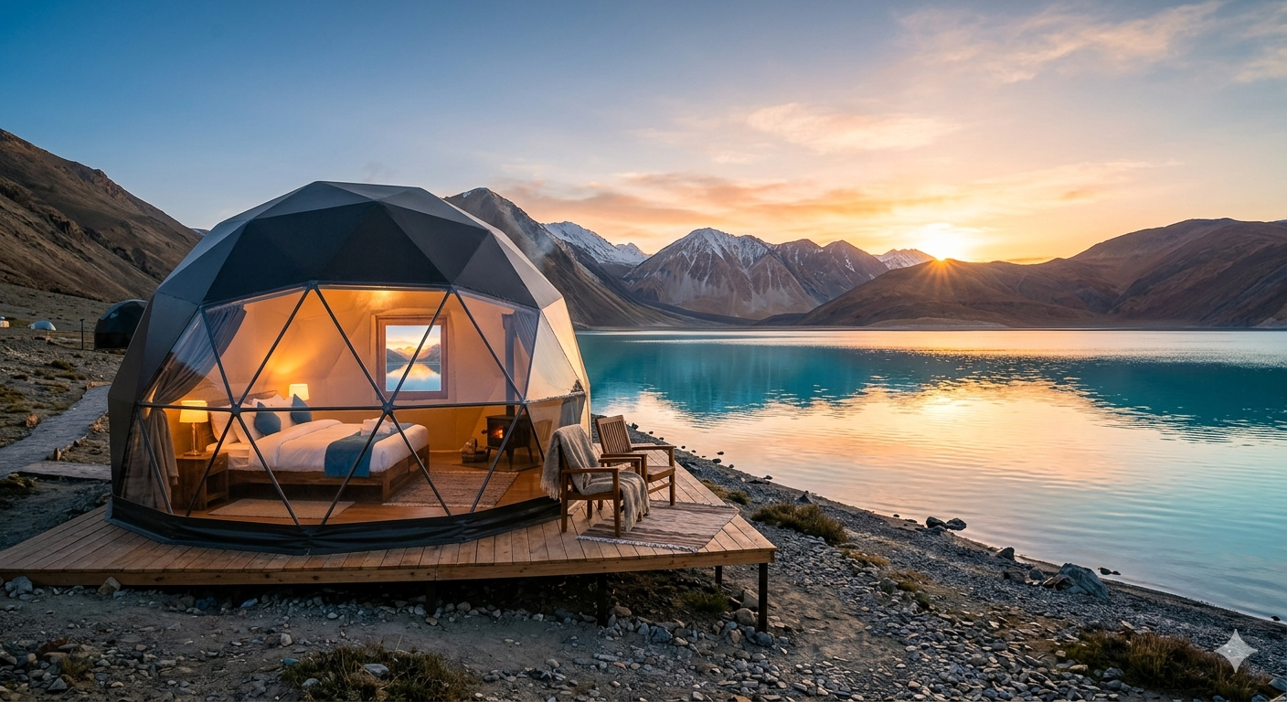 Luxury Camp Pangong Lake Package 2026 | Geodomes @ ₹10,000 8 Luxury camp Pangong Lake package - geodesic dome tent at sunrise with lake and mountain views