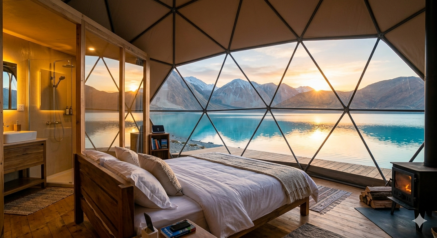 Luxury Camp Pangong Lake Package 2026 | Geodomes @ ₹10,000 9 Luxury camp Pangong Lake package - interior of geodesic dome tent with king bed and lake view