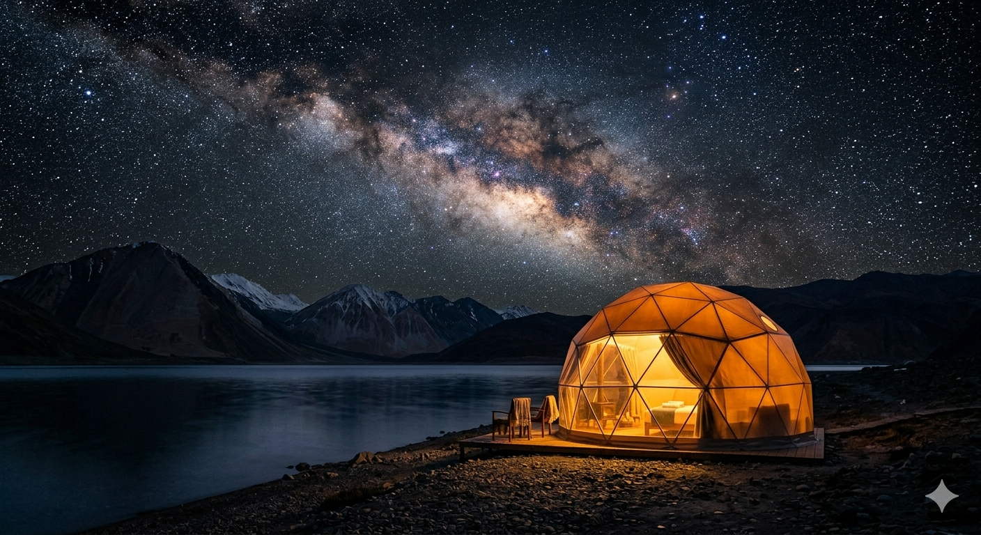 Luxury Camp Pangong Lake Package 2026 | Geodomes @ ₹10,000 11 Luxury camp Pangong Lake package - stargazing from geodesic dome with Milky Way visible