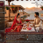 Luxury honeymoon package Kashmir with flight 2026 - couple in wedding attire on heritage houseboat at Dal Lake sunset, copper samovar, kahwa, red roses, heart-shaped cake, fairy lights, Zabarwan mountains, premium express 5 days ₹45,000-55,000 per couple from Delhi, ultimate luxury 7 days ₹75,000-95,000 from Delhi, royal Kashmir 7 days ₹85,000-1,10,000 from Mumbai, all-inclusive 8 days ₹95,000-1,25,000 from Bengaluru