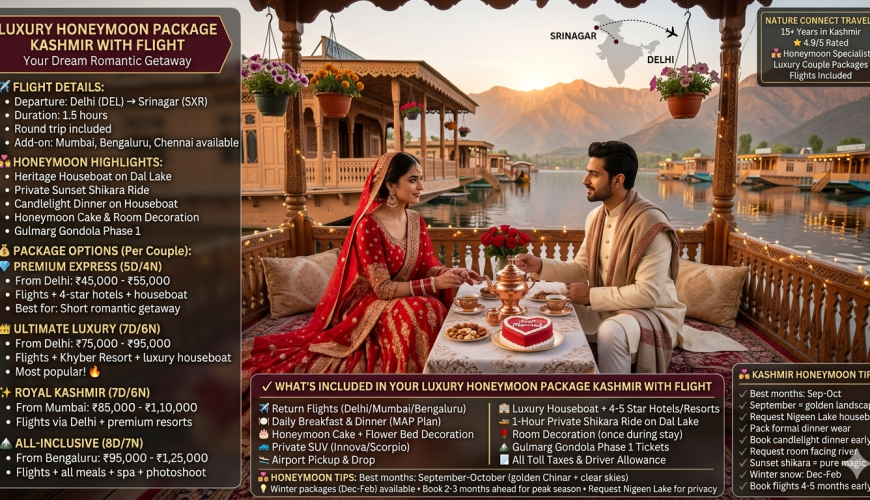 Luxury honeymoon package Kashmir with flight 2026 - couple in wedding attire on heritage houseboat at Dal Lake sunset, copper samovar, kahwa, red roses, heart-shaped cake, fairy lights, Zabarwan mountains, premium express 5 days ₹45,000-55,000 per couple from Delhi, ultimate luxury 7 days ₹75,000-95,000 from Delhi, royal Kashmir 7 days ₹85,000-1,10,000 from Mumbai, all-inclusive 8 days ₹95,000-1,25,000 from Bengaluru