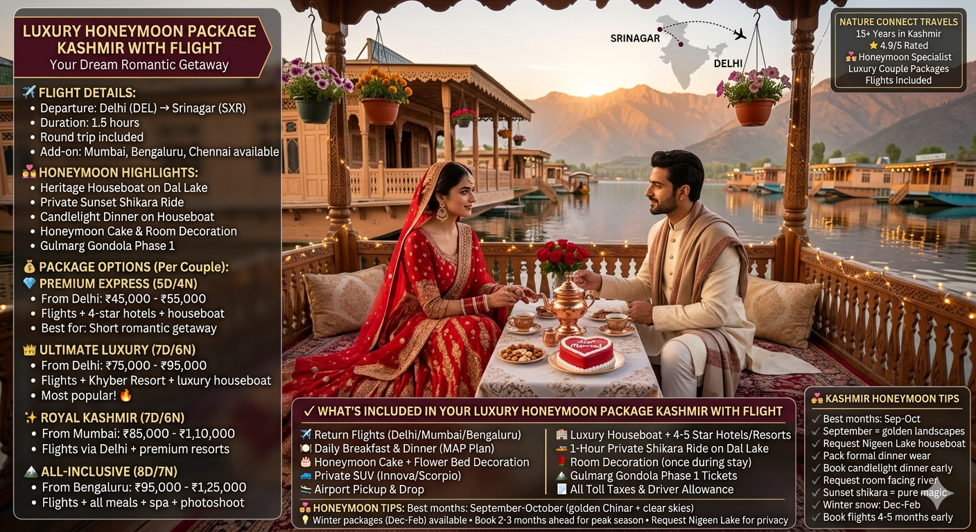 Luxury honeymoon package Kashmir with flight 2026 - couple in wedding attire on heritage houseboat at Dal Lake sunset, copper samovar, kahwa, red roses, heart-shaped cake, fairy lights, Zabarwan mountains, premium express 5 days ₹45,000-55,000 per couple from Delhi, ultimate luxury 7 days ₹75,000-95,000 from Delhi, royal Kashmir 7 days ₹85,000-1,10,000 from Mumbai, all-inclusive 8 days ₹95,000-1,25,000 from Bengaluru