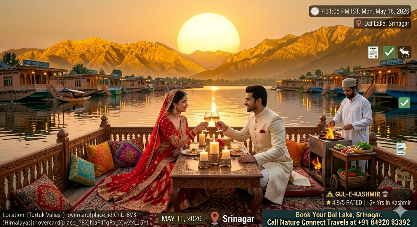 Luxury Honeymoon Package Kashmir with Flight 2026 | 7 Days @ ₹65k 8 Luxury honeymoon package Kashmir with flight - couple on heritage houseboat deck at sunset with candlelight dinner