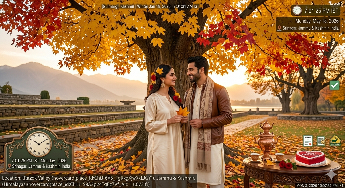 Luxury Honeymoon Package Kashmir with Flight 2026 | 7 Days @ ₹65k 11 Luxury honeymoon package Kashmir with flight - couple under golden Chinar tree in autumn