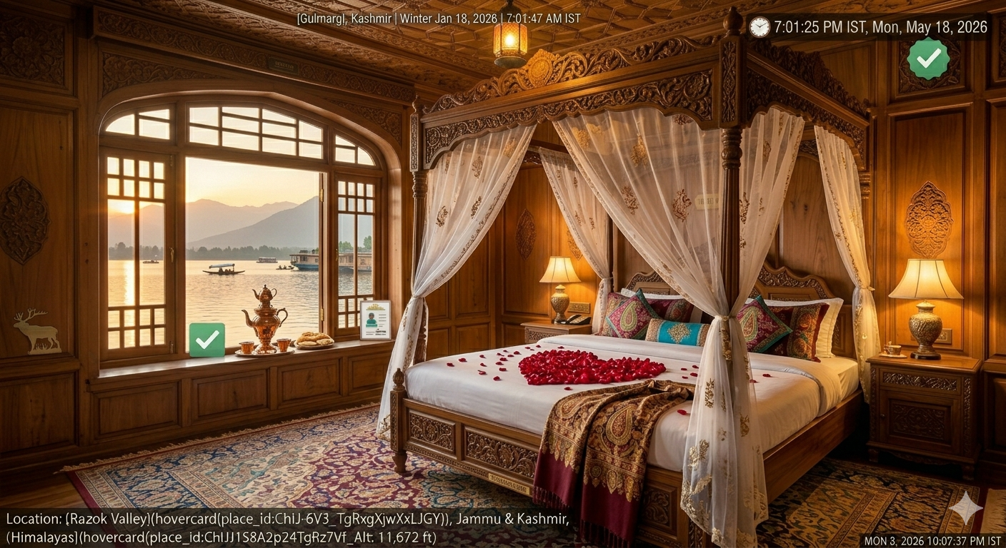 Luxury Honeymoon Package Kashmir with Flight 2026 | 7 Days @ ₹65k 9 Luxury honeymoon package Kashmir with flight - heritage honeymoon suite with rose petal decoration and lake view
