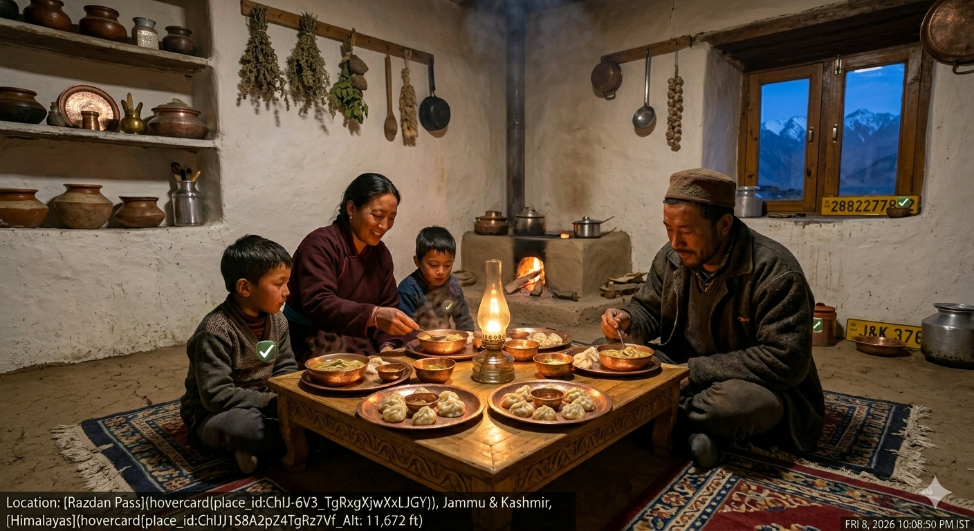 Nubra Valley offbeat homestay package - Ladakhi family eating traditional dinner together in their homestay kitchen