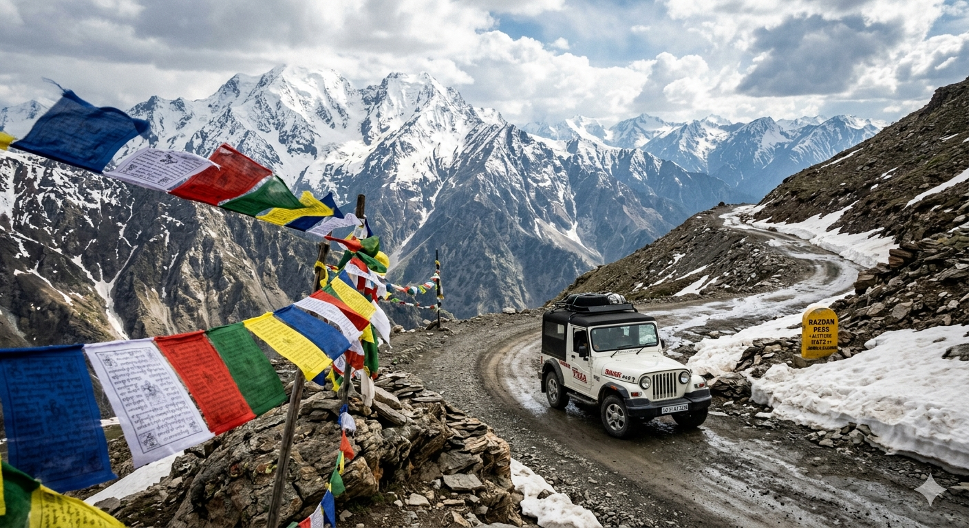 Offbeat Gurez Valley tour packages in Kashmir - 4x4 SUV at Razdan Pass with snow-capped peaks