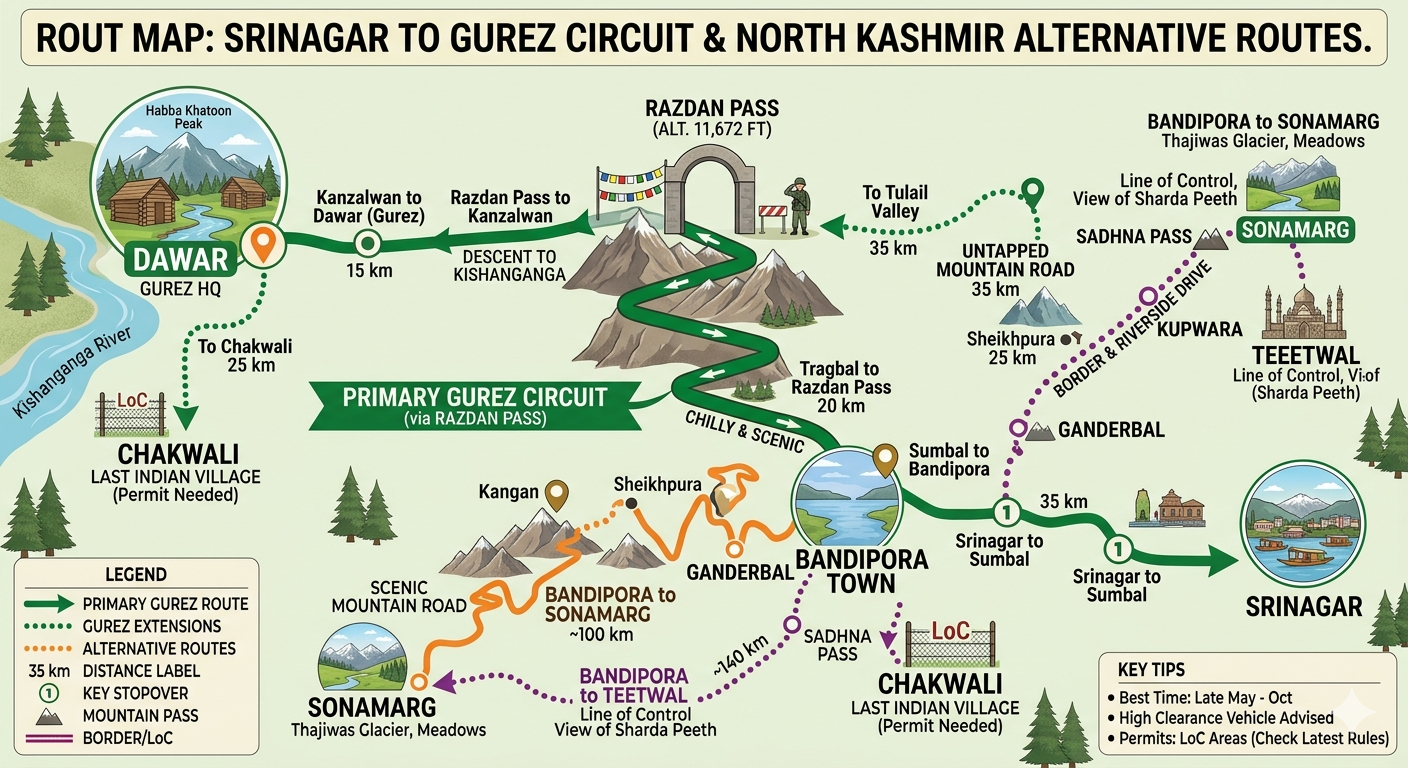 Offbeat Gurez Valley tour packages - route map from Srinagar to Razdan Pass to Dawar with Tulail, Sonamarg, and Teetwal connections