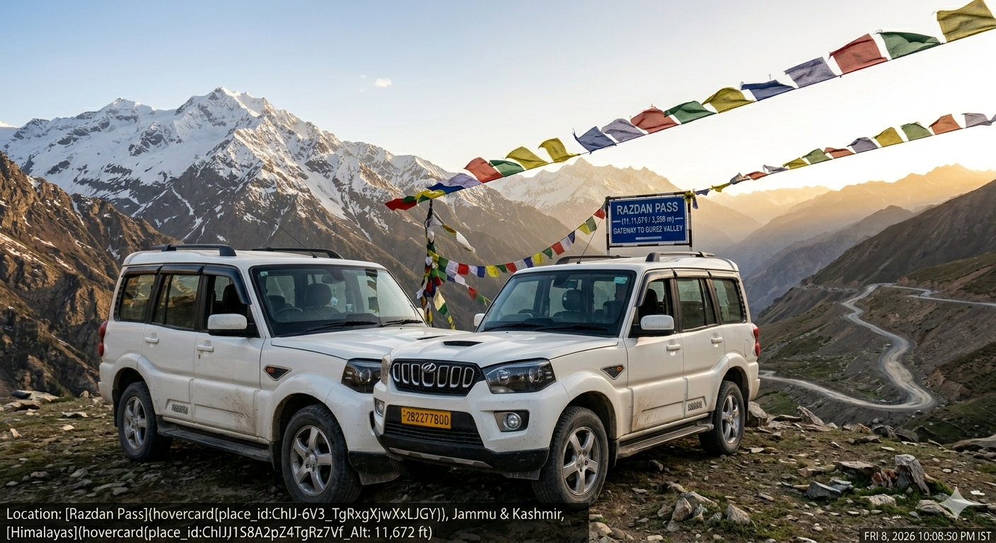 Offbeat Ladakh tour package 10 days - 4x4 SUV at Khardung La pass with prayer flags and Himalayan mountains