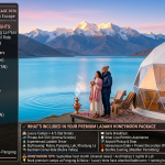 Premium Ladakh honeymoon package 2026 - couple on private deck of luxury geodesic dome at Pangong Lake sunrise, turquoise water, snow-capped peaks, copper samovar, kahwa, rose petals, standard honeymoon ₹50,198 per couple, deluxe honeymoon ₹61,998, premium honeymoon ₹75,798, Kashmir+Ladakh ₹45,732 for 8 days, 6-day packages include Leh Nubra Pangong Khardung La, private SUV, breakfast, permits