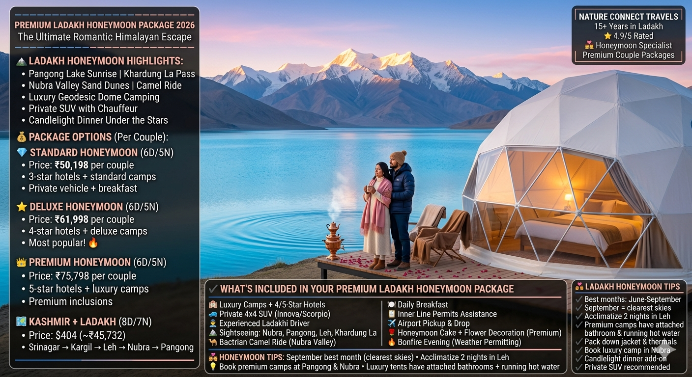 Premium Ladakh honeymoon package 2026 - couple on private deck of luxury geodesic dome at Pangong Lake sunrise, turquoise water, snow-capped peaks, copper samovar, kahwa, rose petals, standard honeymoon ₹50,198 per couple, deluxe honeymoon ₹61,998, premium honeymoon ₹75,798, Kashmir+Ladakh ₹45,732 for 8 days, 6-day packages include Leh Nubra Pangong Khardung La, private SUV, breakfast, permits