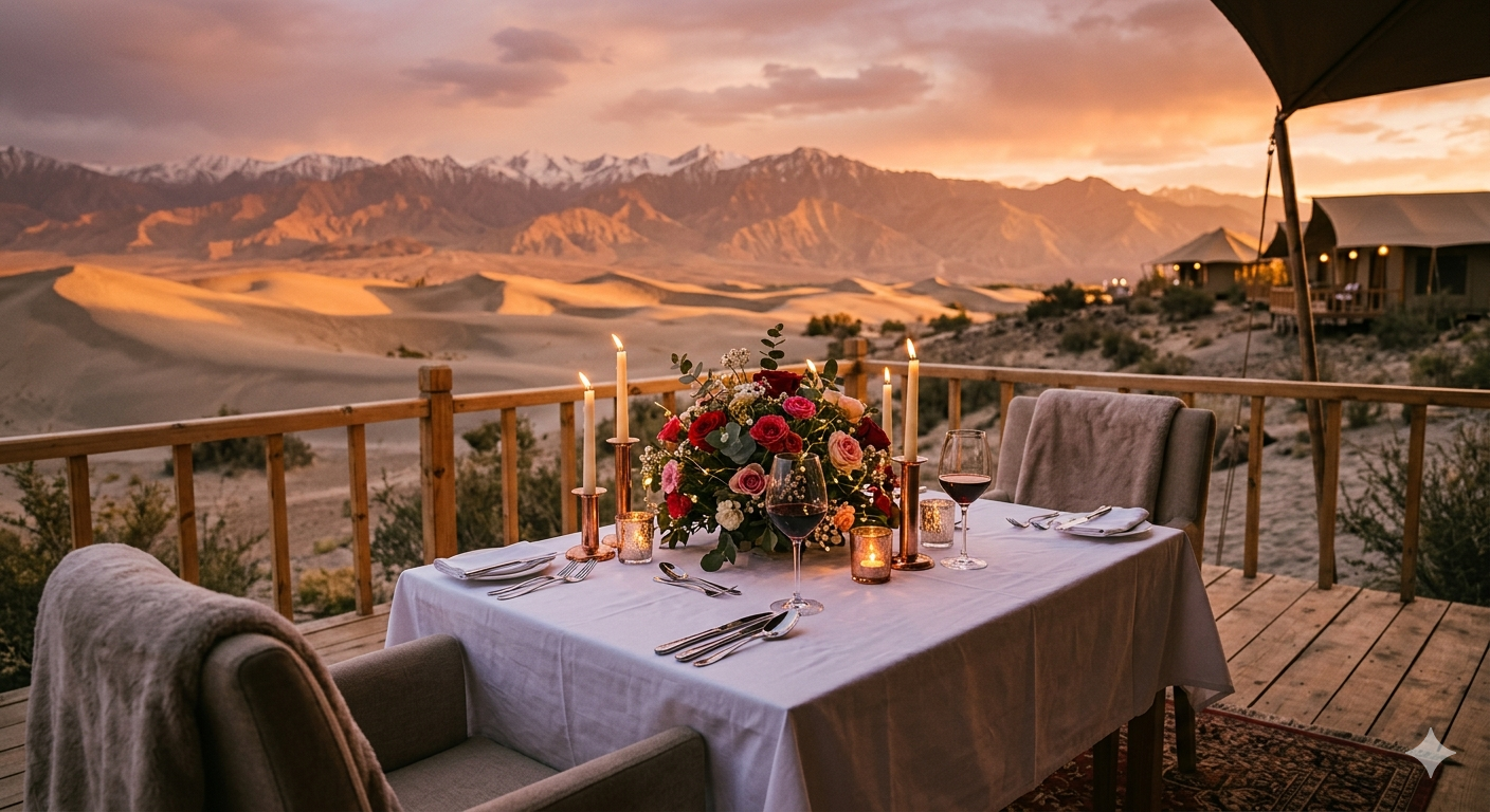 Premium Ladakh Honeymoon Package 2026 | 7 Days @ ₹37,899 Couple 12 Premium Ladakh honeymoon package - candlelight dinner at luxury camp in Nubra Valley with mountain views