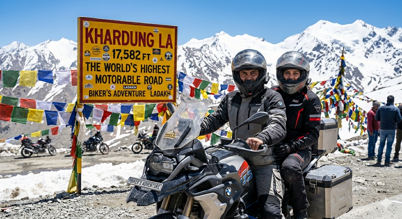 Premium Ladakh Honeymoon Package 2026 | 7 Days @ ₹37,899 Couple 11 Premium Ladakh honeymoon package - couple on motorbike at Khardung La pass with prayer flags