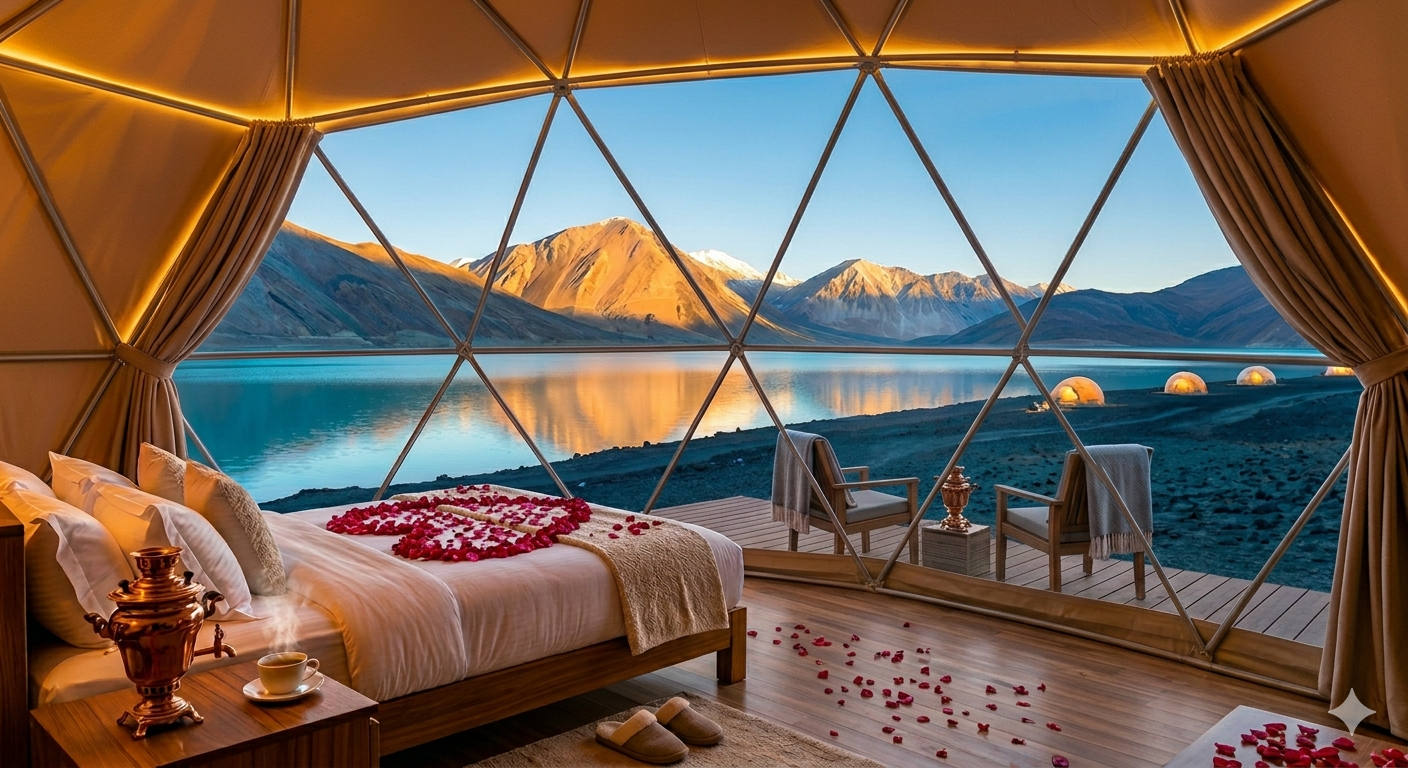 Premium Ladakh Honeymoon Package 2026 | 7 Days @ ₹37,899 Couple 9 Premium Ladakh honeymoon package luxury camp tent interior with rose petal decoration and lake view