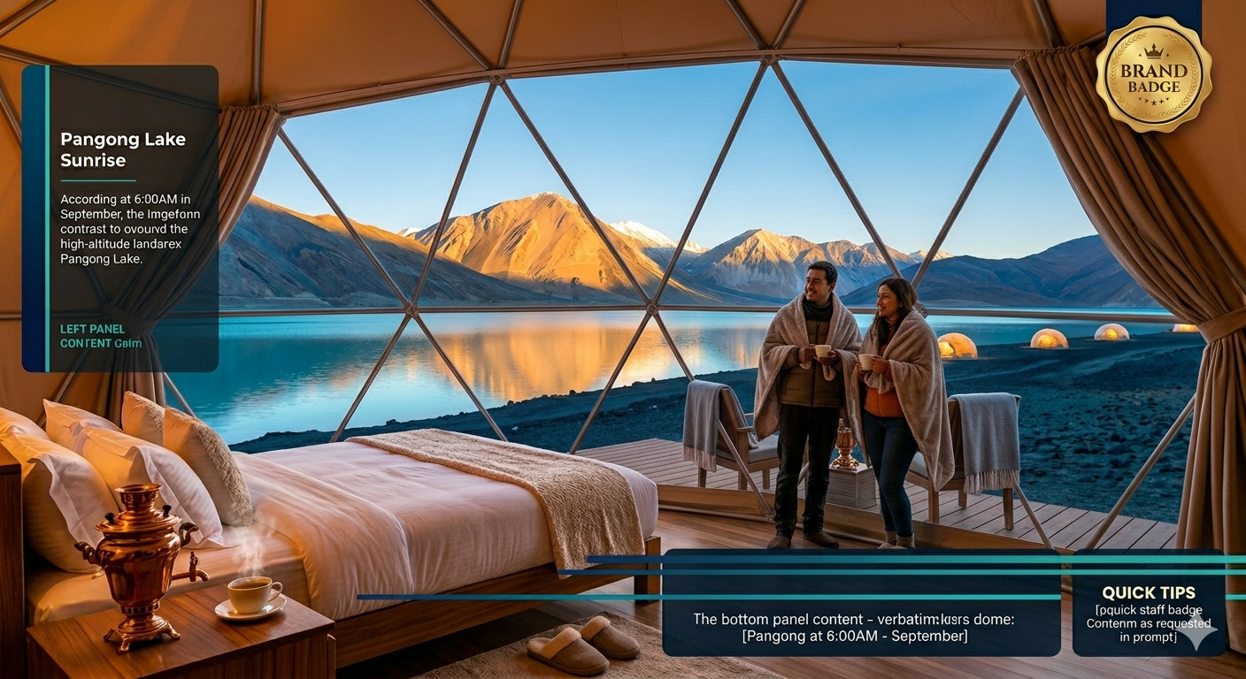 Premium Ladakh Honeymoon Package 2026 | 7 Days @ ₹37,899 Couple 8 Premium Ladakh honeymoon package - luxury geodesic dome at Pangong Lake sunrise with couple on deck