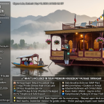 Premium houseboat package Srinagar 2026 - heritage houseboat on Nigeen Lake at sunrise with houseboy welcoming guests with kahwa, carved walnut wood, cushioned verandah, hanging flower pots, Zabarwan mountains, shikara in background, standard houseboat ₹4,000-6,000 per night, deluxe ₹6,000-10,000, super deluxe ₹10,000-15,000, heritage ₹15,000-25,000+, WelcomHeritage Gurkha best value at ₹8,020
