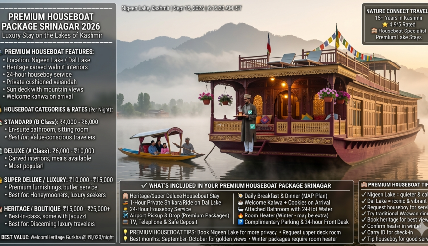Premium houseboat package Srinagar 2026 - heritage houseboat on Nigeen Lake at sunrise with houseboy welcoming guests with kahwa, carved walnut wood, cushioned verandah, hanging flower pots, Zabarwan mountains, shikara in background, standard houseboat ₹4,000-6,000 per night, deluxe ₹6,000-10,000, super deluxe ₹10,000-15,000, heritage ₹15,000-25,000+, WelcomHeritage Gurkha best value at ₹8,020