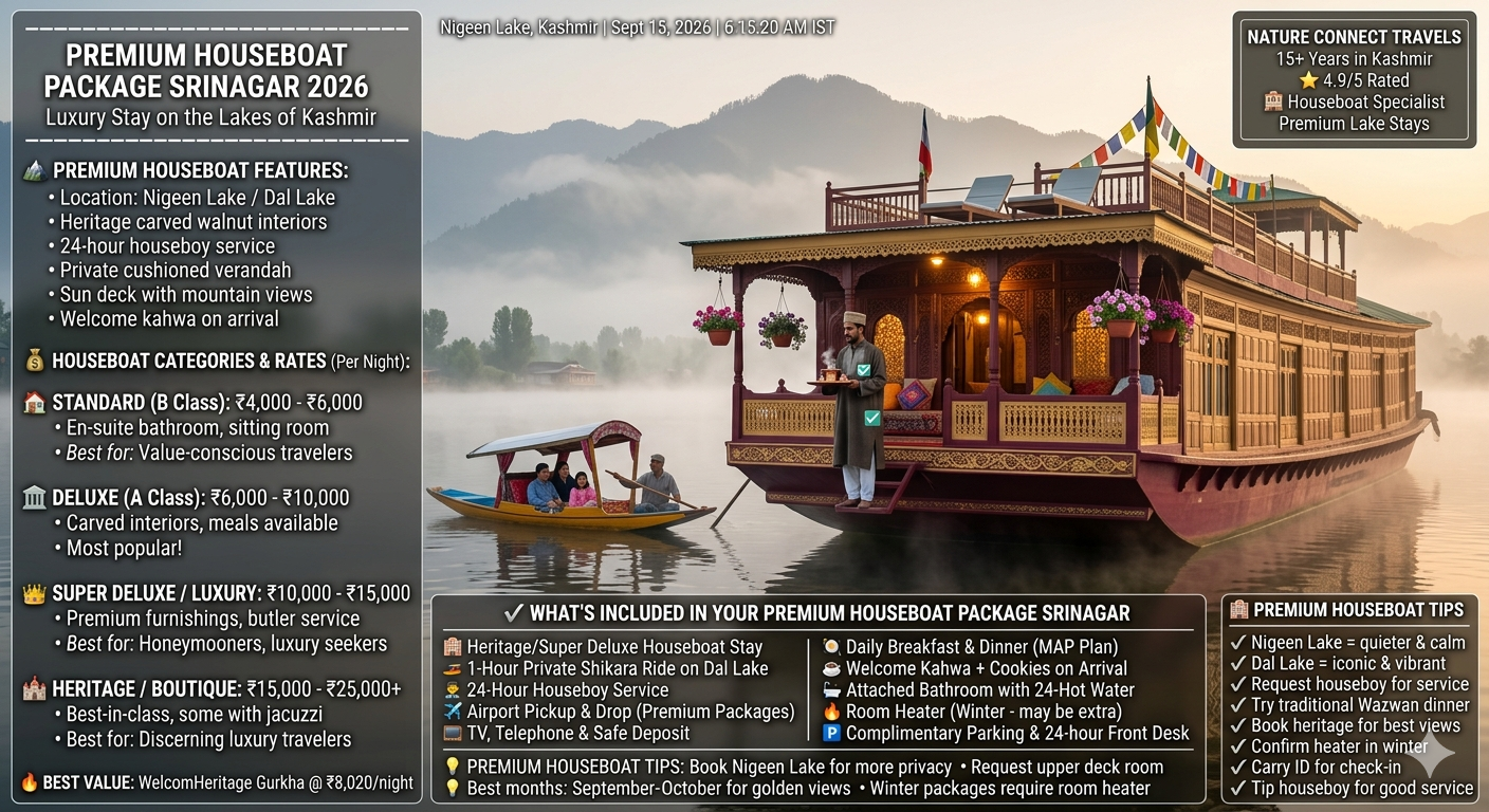 Premium houseboat package Srinagar 2026 - heritage houseboat on Nigeen Lake at sunrise with houseboy welcoming guests with kahwa, carved walnut wood, cushioned verandah, hanging flower pots, Zabarwan mountains, shikara in background, standard houseboat ₹4,000-6,000 per night, deluxe ₹6,000-10,000, super deluxe ₹10,000-15,000, heritage ₹15,000-25,000+, WelcomHeritage Gurkha best value at ₹8,020